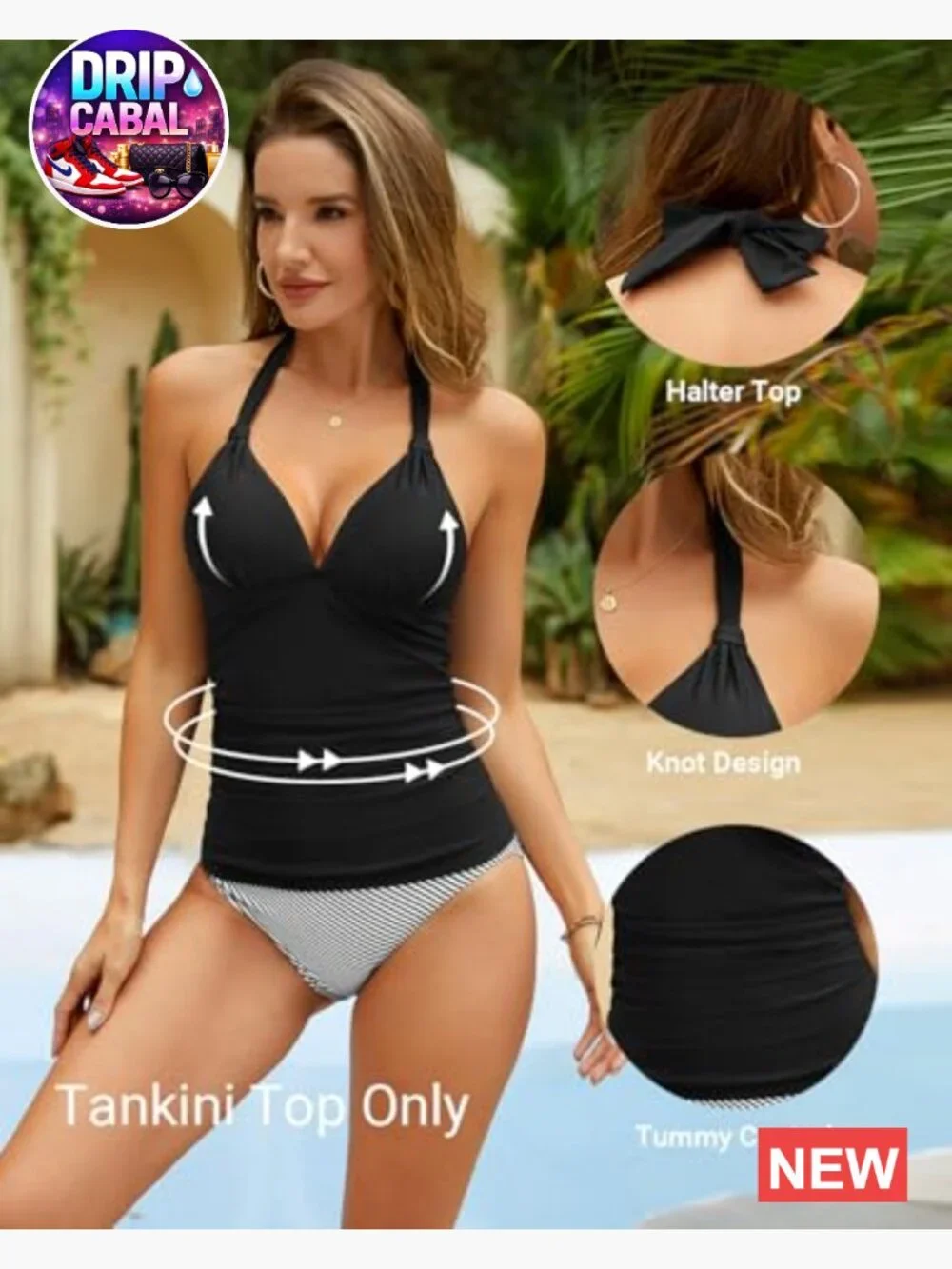 Halter Tankini Top - Tummy Control Push Up Swimsuit Top Only - Adjustable